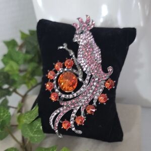 Oxidized Silver CZ Crystal Cockatoo Bird of Paradise Brooch Pin / Pendant